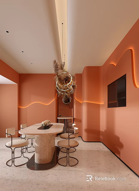 Modern Leisure Area Interior With Orange Walls Wavy LED Strips Round Marble Table And Chairs 3d model 