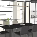 Modern Restaurant Interior With Black Dining Table Chairs Vase Books Lit Shelves And White Cabinets
