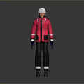 Man Wearing Red Jacket White Hard Hat Black Pants And Blue Gloves