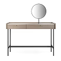 Modern Wooden Dressing Table With Black Metal Legs And Round Mirror Top Drawers