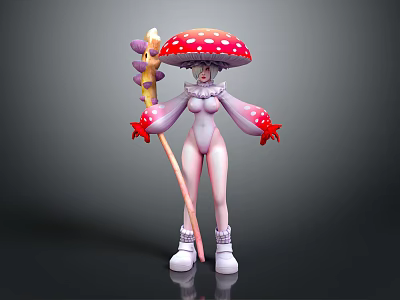 Mushroom Humanoid Creature Character With Pink Accents Holding Star Staff And Red White Spotted Cap 3d model