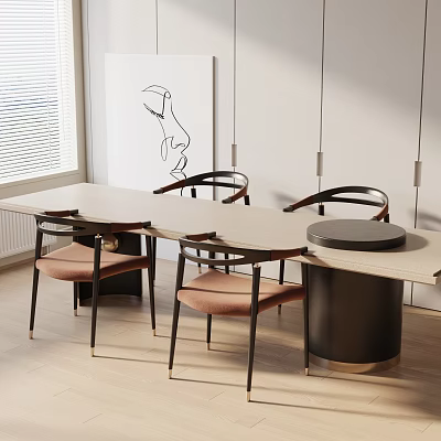 Modern Dining Table Set With Pink Cushioned Chairs Black Frame And Side Table 3d model