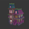 Cartoon Scene Depicting A Charming House With Green Roof Tower And Wooden Balcony