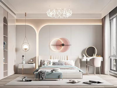 Colorful Kids Bedroom Design With Cartoon Bedding Toy Shelves And Study Corner 3d model