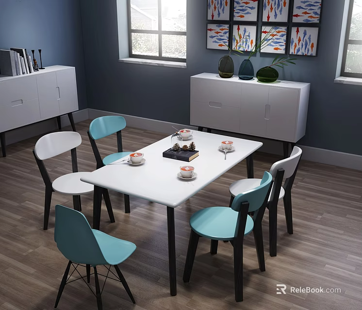 Modern Dining Table Set With White Top Black Legs And Blue White Chairs 3d model 