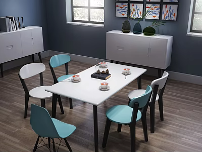 Modern Dining Table Set With White Top Black Legs And Blue White Chairs 3d model