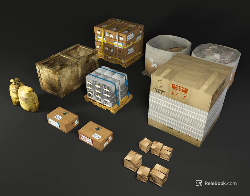 Assorted Storage Packages Including Strapped Cardboard Boxes Sacks And Small Parcels 3d model