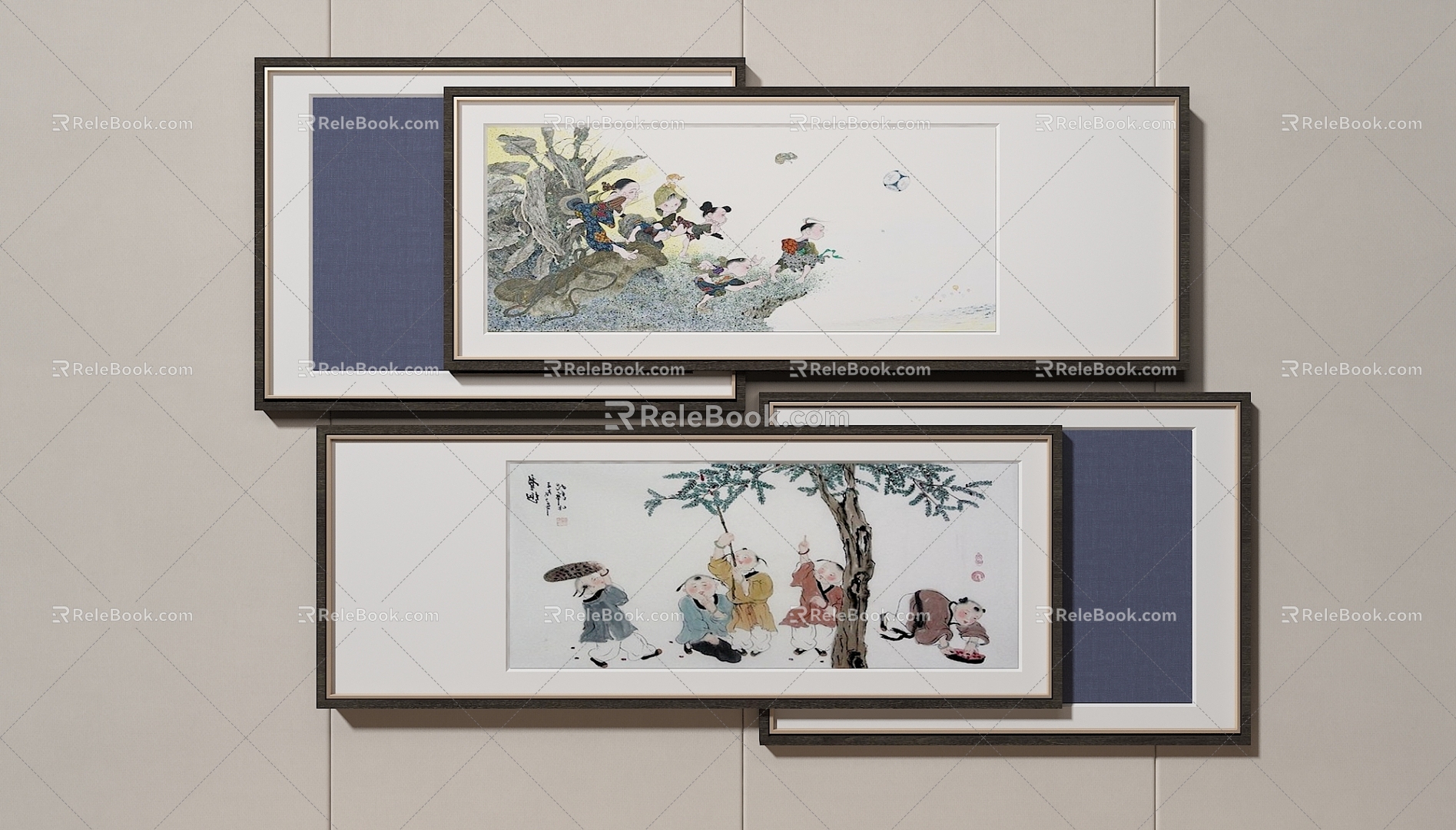 Chinese Landscape Decorative Painting Combination 3d model