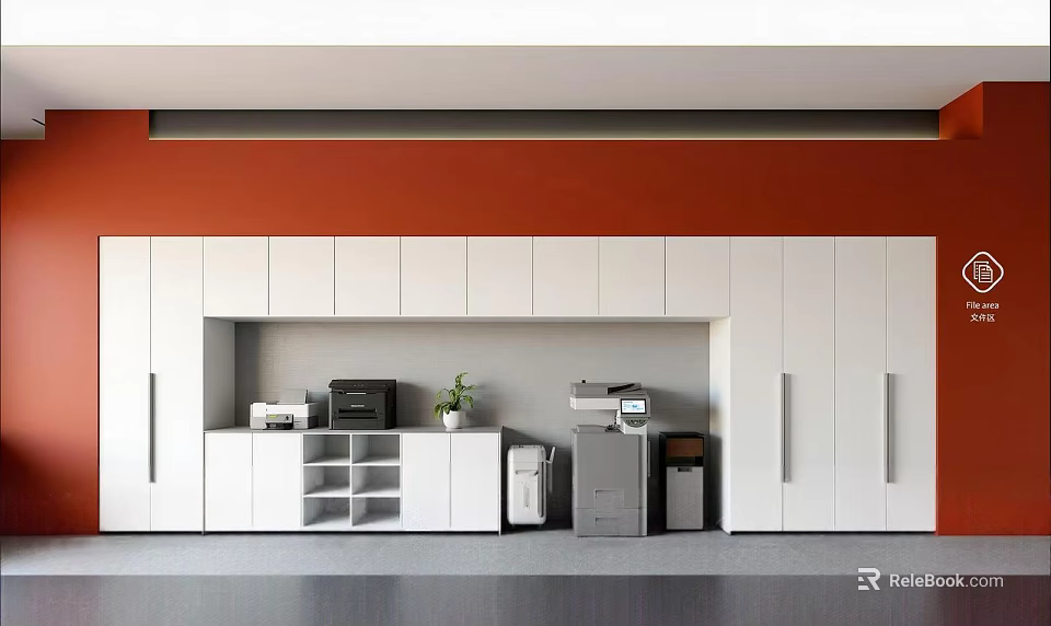 Sleek Modern Office Pantry With Full Height White Storage Cabinets And Practical Work Amenities 3d model 