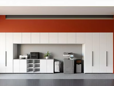 Sleek Modern Office Pantry With Full Height White Storage Cabinets And Practical Work Amenities 3d model