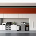 Sleek Modern Office Pantry With Full Height White Storage Cabinets And Practical Work Amenities