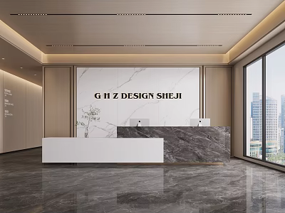 Elegant Modern Reception Desk with Marble Countertop and City View Backdrop 3d model