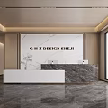 Elegant Modern Reception Desk with Marble Countertop and City View Backdrop