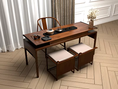 Wooden Tea Table And Upholstered Chairs With Tea Set Curtains White Walls Wooden Floor 3d model