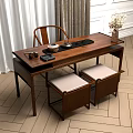 Wooden Tea Table And Upholstered Chairs With Tea Set Curtains White Walls Wooden Floor