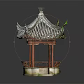 Traditional Chinese Pavilion With Tiled Roof Overhanging Eaves And Red Pillars