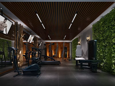 Modern Gym Shower Sauna Facility With Wooden Ceiling Green Plant Wall And Mirrors 3d model