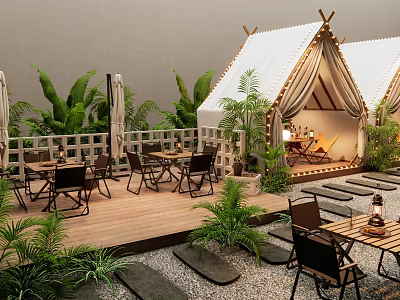 Outdoor Cafe With Tent Structure Wooden Deck Tables Chairs And Green Plants 3d model
