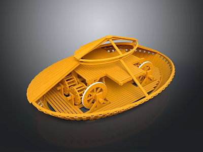 Orange 3D Model of Boat like Structure With Wheels and Wooden Texture Frame 3d model