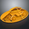 Orange 3D Model of Boat like Structure With Wheels and Wooden Texture Frame