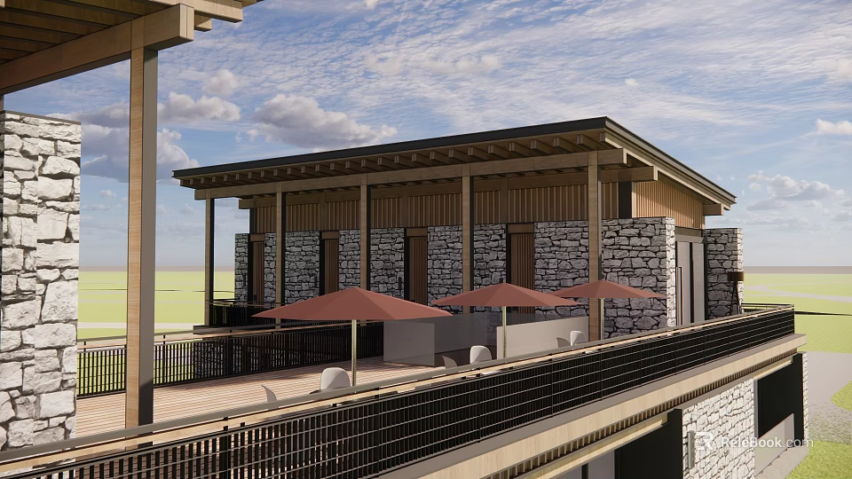 Rustic Guesthouse Building With Stone Walls Wooden Terrace And Red Umbrellas 3d model 