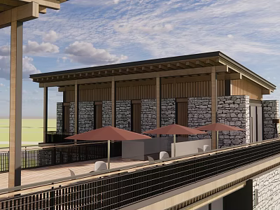 Rustic Guesthouse Building With Stone Walls Wooden Terrace And Red Umbrellas 3d model
