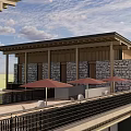 Rustic Guesthouse Building With Stone Walls Wooden Terrace And Red Umbrellas