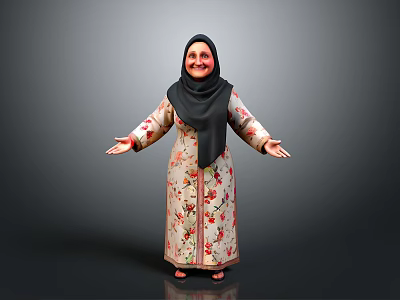 Traditional Muslim Woman In Floral Robe With Black Hijab And Outstretched Arms 3d model