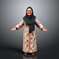 Traditional Muslim Woman In Floral Robe With Black Hijab And Outstretched Arms