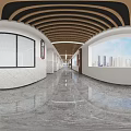 Modern Elevator Hallway Interior With Marble Flooring White Walls Wooden Ceiling And Lighting Fixtures