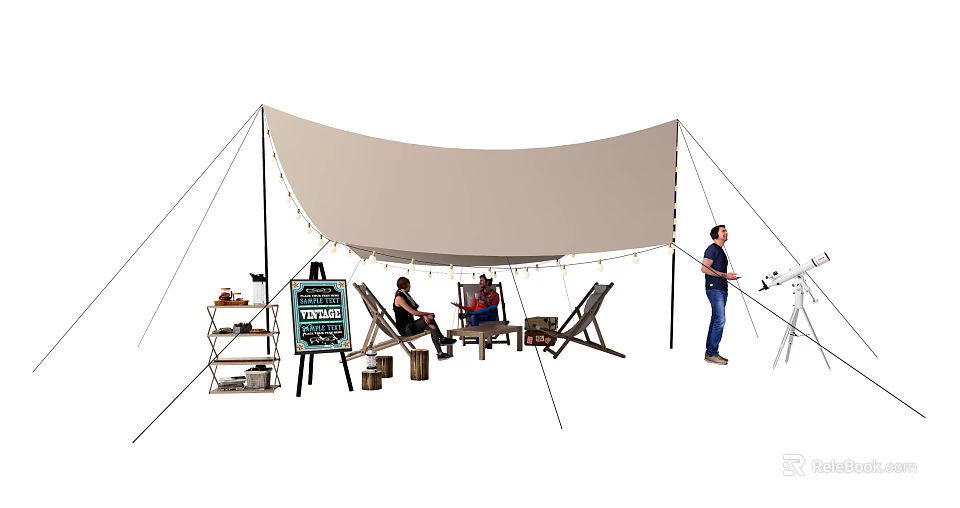 Outdoor Shade Sail Canopy with String Lights and Seating Area for Patio Relaxation 3d model 