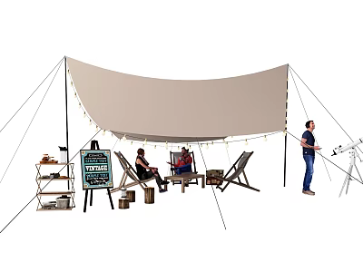 Outdoor Shade Sail Canopy with String Lights and Seating Area for Patio Relaxation 3d model