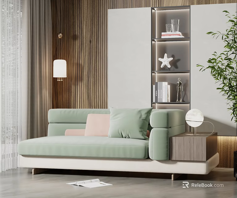 Modern Light Green Sectional Sofa With Pink And Light Green Cushions Wooden Wall And Bookshelf 3d model 
