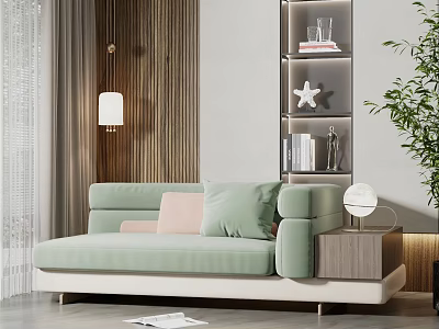 Modern Light Green Sectional Sofa With Pink And Light Green Cushions Wooden Wall And Bookshelf 3d model