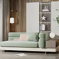 Modern Light Green Sectional Sofa With Pink And Light Green Cushions Wooden Wall And Bookshelf