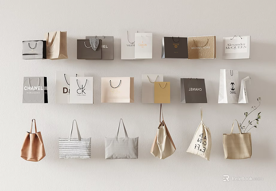 Stylish Various Style Bags With Different Materials Hanging On Wall Decorative 3d model 