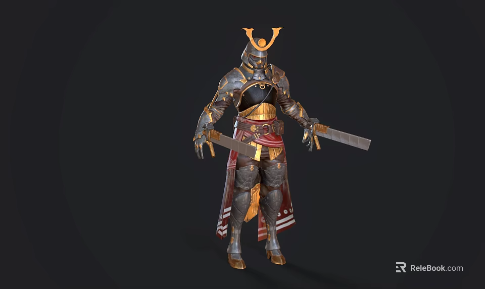 Game Movie Character in Ornate Samurai Armor With Golden Helmet Red Accents Holding Dual Swords 3d model 