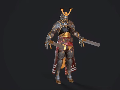 Game Movie Character in Ornate Samurai Armor With Golden Helmet Red Accents Holding Dual Swords 3d model