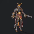 Game Movie Character in Ornate Samurai Armor With Golden Helmet Red Accents Holding Dual Swords