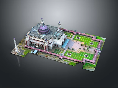 Traditional Architectural Design Featuring Central Dome Minarets And Symmetrical Courtyard Lawns 3d model