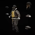 Dark Outfit With Yellow Vest And Multiple Hats On Black Background