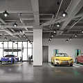 4S Auto Dealership Spacious Indoor Showroom Featuring Yellow Sports Car Red Vehicle