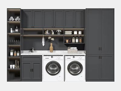 Gray Bathroom Cabinetry With Open Shelves Double Washing Machines And Storage Space 3d model
