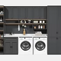 Gray Bathroom Cabinetry With Open Shelves Double Washing Machines And Storage Space