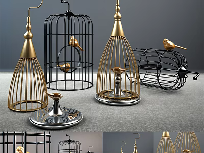 Decorative Ornament Set with Metal Birdcages Gold Black and Small Bird Decorations Modern Design 3d model