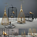 Decorative Ornament Set with Metal Birdcages Gold Black and Small Bird Decorations Modern Design