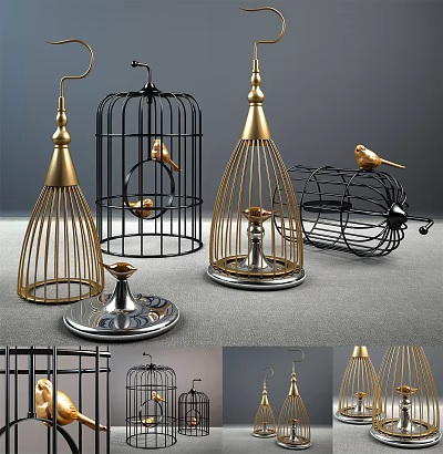 Decorative Ornament Set with Metal Birdcages Gold Black and Small Bird Decorations Modern Design 3d model