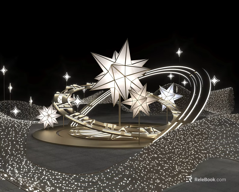 Sparkling Star Shaped Art Installation With Curved Structures And Small Lights 3d model