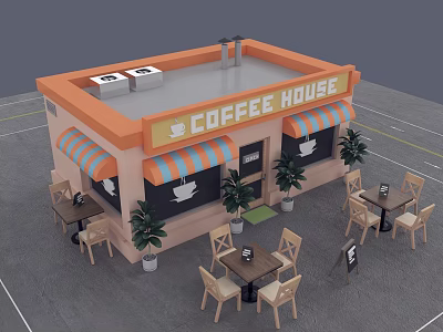 Cartoon Coffee House Scene with Outdoor Tables Chairs Striped Awnings and Green Plants 3d model