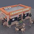 Cartoon Coffee House Scene with Outdoor Tables Chairs Striped Awnings and Green Plants